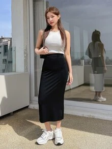 DAZY Women's Casual Versatile Solid Color Bodycon Skirt - Black - View 3