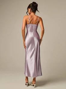 COSMINA Gaun Satin Ungu Elegan Kasual Wanita - Purple - View 2