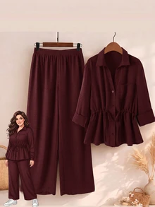 Rusticease Plus Size Button Casual Drawstring Shirt And Elastic Waist Long Pants 2 Pieces Set Fall - Burgundy - View 1