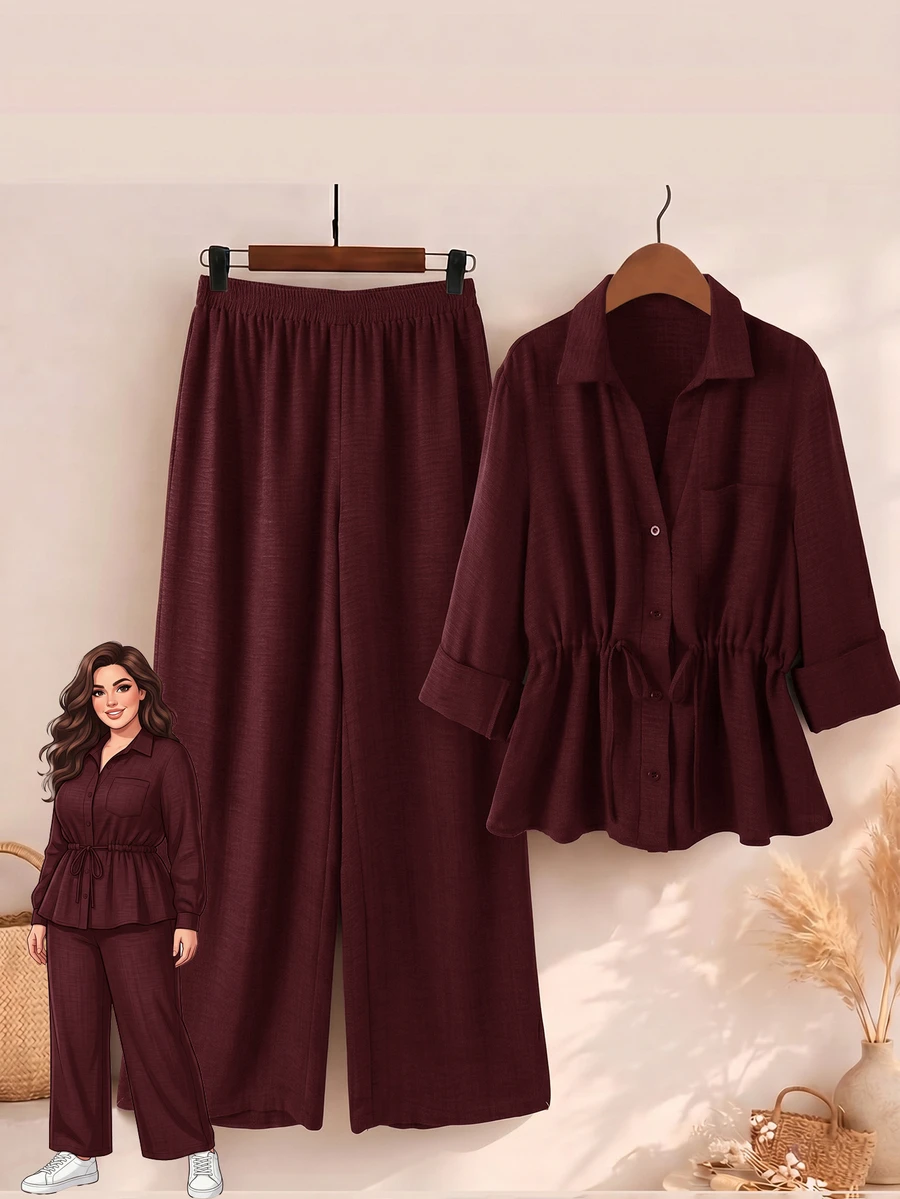 Rusticease Plus Size Button Casual Drawstring Shirt And Elastic Waist Long Pants 2 Pieces Set Fall - Burgundy - View 1