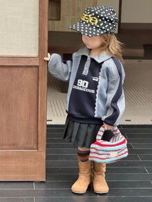 DAZY Infant/Toddler (Girl) Contrast Color Patchwork Casual Autumn/Winter Korean Style Long Sleeve Sweatshirt - Grey - View 9
