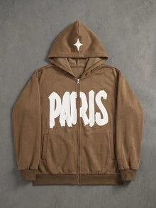 1pc Teen Boys Coffee Brown Jacket, PARIS Puff Print Lettering On Chest, Suitable For Autumn/Winter Outdoor Activities - Coffee Brown - View 1
