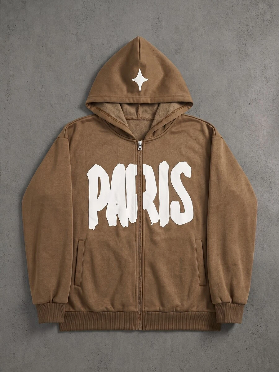 1pc Teen Boys Coffee Brown Jacket, PARIS Puff Print Lettering On Chest, Suitable For Autumn/Winter Outdoor Activities - Coffee Brown - View 1