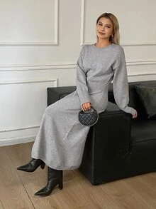 DAZY Autumn/Winter Round Neck Loose Minimalist Casual Commute Grey Women Sweater Dress - Grey - View 3