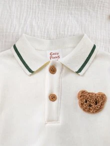 Cozy Pixies 嬰兒新生兒熊圖案對比色 Polo 領長袖運動衫與長褲套裝 - 墨綠色 - 查看 8