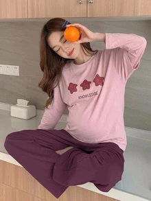 Dazy Maternity Star & Letter Print Loose Long Sleeve T-Shirt & Straight Leg Pants Casual Daily Home Wear Spring/Autumn Maternity 2 Pieces Set - Purple - View 4
