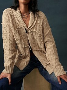 Bohemela Women's Horn Button Drop Shoulder Long Sleeve Knit Cardigan - Khaki - View 4