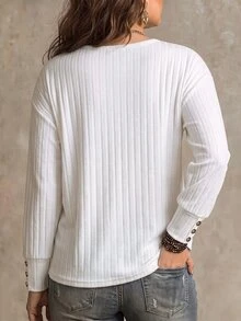 SHEIN Women's Autumn/Winter New Hot-Selling Lace Trim Patchwork Soft Ribbed Knit V-Neck Casual Versatile Plus Size T-Shirt - White - View 2