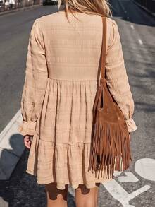 LanaWest Women's Spring/Autumn Gentle French Style Lace Patchwork Pleated Dress - Khaki - View 3