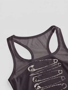 ROMWE Grunge Punk Dark Millennium Distressed Sexy Sheer Mesh Tank Top For Women - Dark Grey - View 3