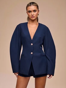 SHEIN BAE 女款純色長袖單排扣休閒西裝外套 - 藏蓝色 - 查看 5