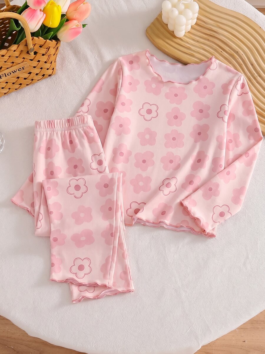 Young Girls Pajama 2-Piece Set, All-Season Sweet Floral Contrast Color Wavy Trim Long Sleeve Top And Pants Loungewear - Multicolor - View 1