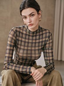 Anewsta 女款春夏秋冬新款復古格紋彈性腰顯瘦長袖上衣 - 彩色 - 查看 1