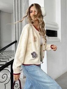 Pariaura Cream & Contrast Color 3D Floral Heart Button + Burgundy Trim Sweet Youthful Versatile Knit Cardigan - Beige - View 5