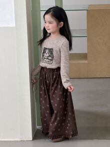 DAZY Girls' (Ditsy Ditsy Floral Wide Leg Casual Pants With Frill Trim, Cute And Stylish Fall - Brown - View 6