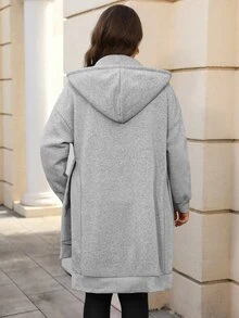 EMERY ROSE Plus Size Women's Solid Color Casual Western Daily Wear Hooded Sweatshirt Autumn Formal Vacation Grey - Grey - View 2