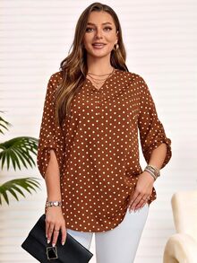 Rosumi 大尺碼女款休閒波點印花缺口領捲袖秋季襯衫 - 摩卡棕 - 查看 1