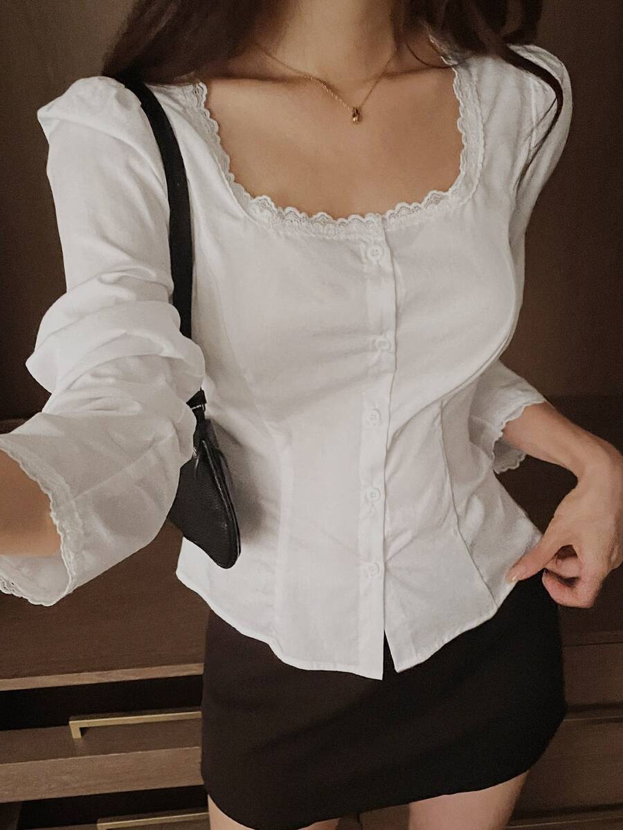 DAZY 純色領口修身短袖白色女款襯衫 - 白色 - 查看 1