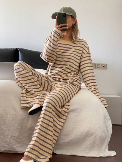 Livesso Women's Striped Drop Shoulder Long Sleeve T-Shirt And Pants Casual 2 Pieces Set