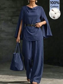 SHEIN Navy Blue Cowl Neck Split Sleeve Cotton Set Women's High-End Commute Drape Wide Leg Pants Two Pieces Office Autumn Elegant - Navy Blue - View 4