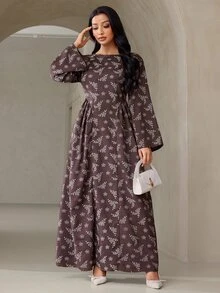 Veilorie Women's French Style Ruched Waist Jacquard Long Sleeve Dress - Coffee Brown - View 1