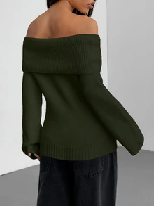 SHEIN Clasi 翻領單字領素色套頭毛衣 - 軍綠色 - 查看 2