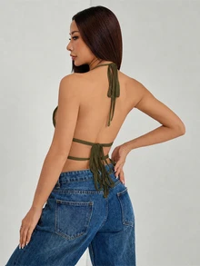 SHEIN PETITE 女款百褶掛脖領綁腰露背背心 - 軍綠色 - 查看 3