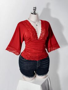 SHEIN ICON 女款大尺碼復古性感千禧風Y2K簡約休閒優雅通勤都市現代蕾絲P - 紅色 - 查看 4