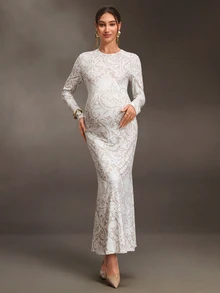 Cheriluna Maternity Maternity Lace Print Round Neck Long Sleeve Fitted Elegant Dress - Multicolor - View 1