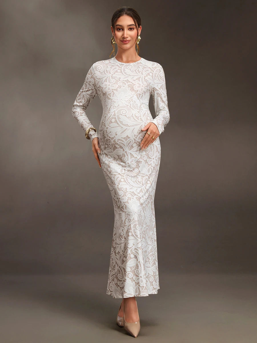 Cheriluna Maternity Maternity Lace Print Round Neck Long Sleeve Fitted Elegant Dress - Multicolor - View 1