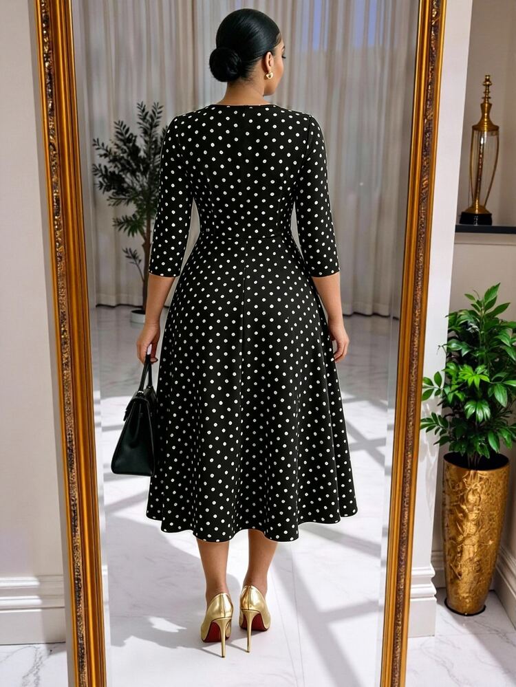 SHEIN Lady CURVE Elegant Casual Vintage Polka Dot Print Plus Size Women's Black Dress, Party, Date - Multicolor - View 2