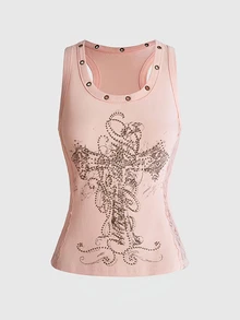 ROMWE Grunge Punk Women's Gray Pink Eyelet Rhinestone Bronze Lace Sexy Streetwear Tank Top - Baby Pink - View 1
