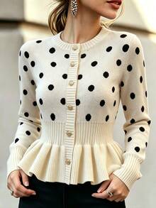 Pariaura Women's Autumn/Winter Polka Dot Pattern Ruffle Hem Knit Cardigan - Apricot - View 2