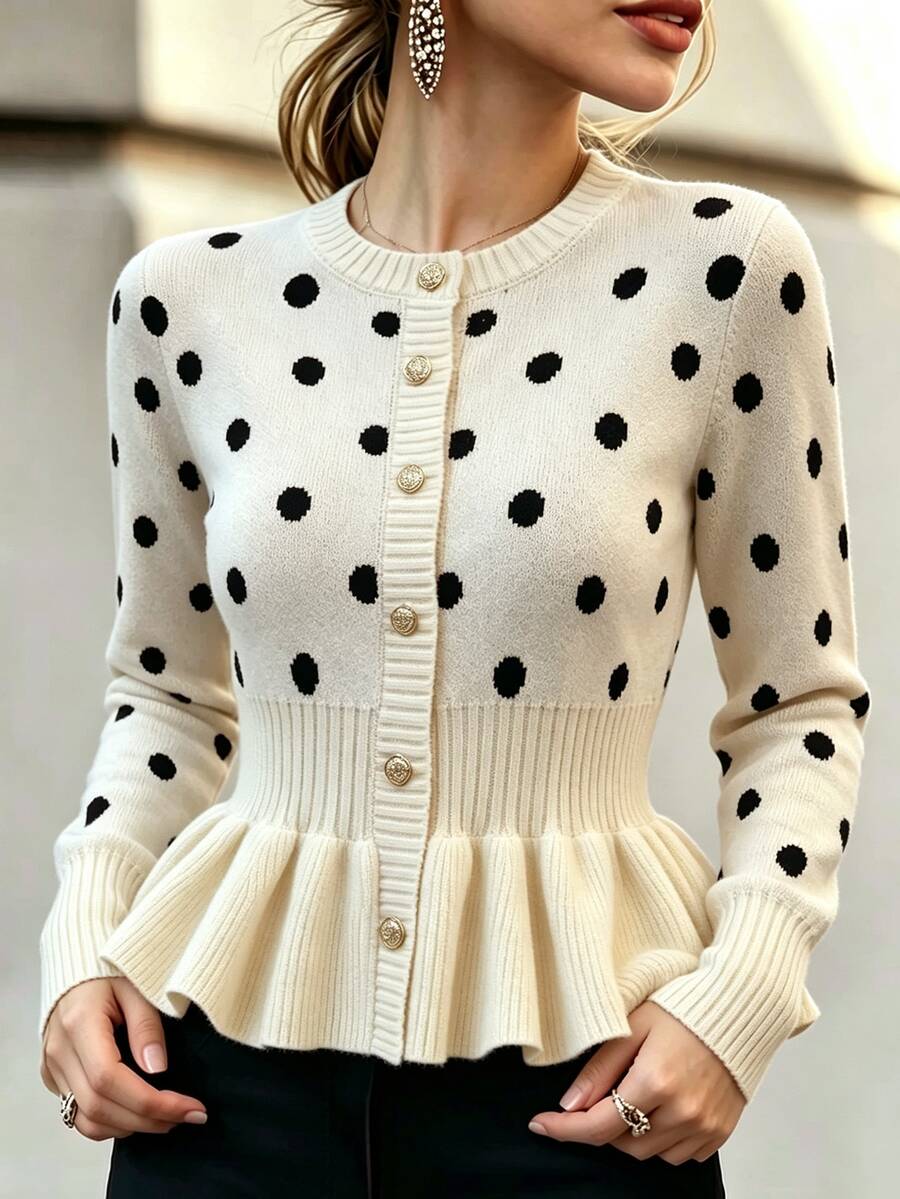 Pariaura Women's Autumn/Winter Polka Dot Pattern Ruffle Hem Knit Cardigan
