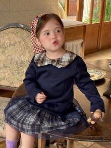 DAZY Baby Girl Plaid Mesh Colorblock Casual Summer Dress - Navy Blue - View 1