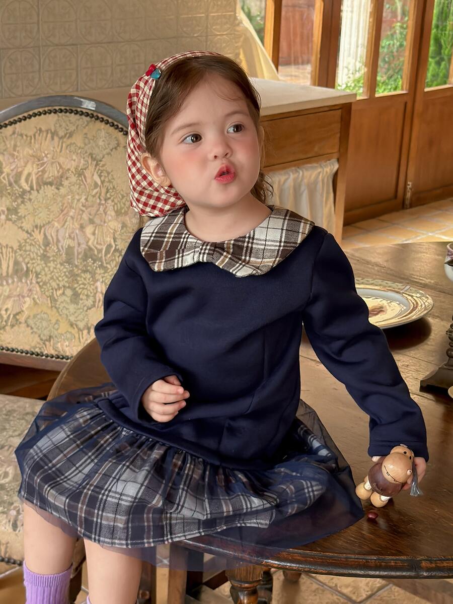 DAZY Baby Girl Plaid Mesh Colorblock Casual Summer Dress - Navy Blue - View 1