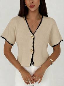 Aloruh Women's Metal Button Shell Embroidery Knit Thin Cardigan - Khaki - View 5