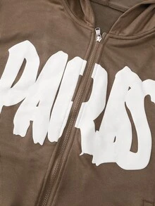 1pc Teen Boys Coffee Brown Jacket, PARIS Puff Print Lettering On Chest, Suitable For Autumn/Winter Outdoor Activities - Coffee Brown - View 6