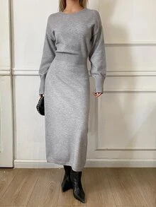 DAZY Autumn/Winter Round Neck Loose Minimalist Casual Commute Grey Women Sweater Dress - Grey - View 4