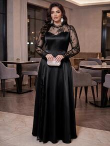Auveirra Plus Size Women's Contrast Lace Long Sleeve Elegant Dress - Black - View 1
