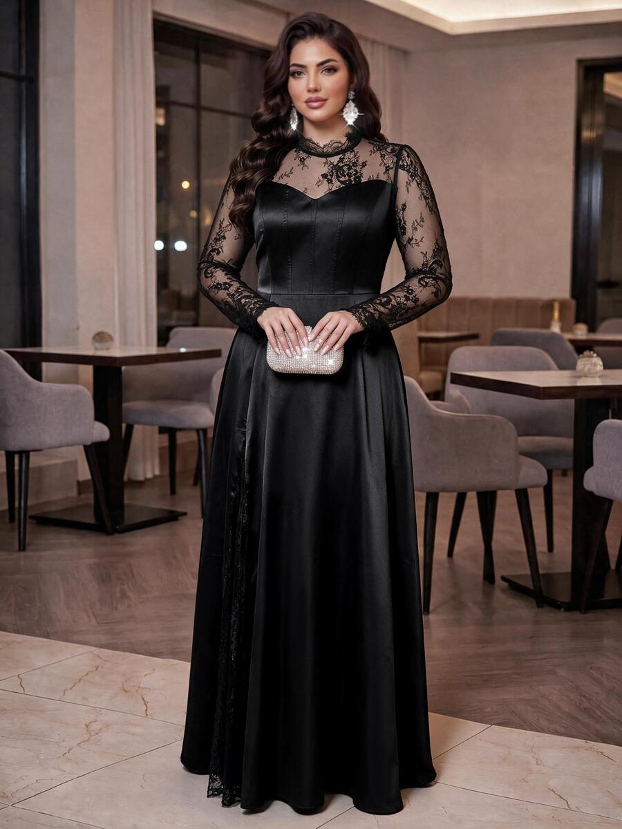 Auveirra Plus Size Women's Contrast Lace Long Sleeve Elegant Dress - Black - View 1