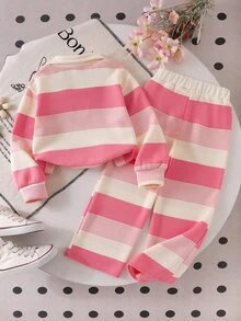 SHEIN 女童學院風 Polo 領兩件套，海軍藍對比色翻領長袖上衣 + 高腰寬腿褲，經典馬術刺繡休閒套裝，春夏秋冬百搭運動風，適合校園與日常穿著 - 粉色 - 查看 2