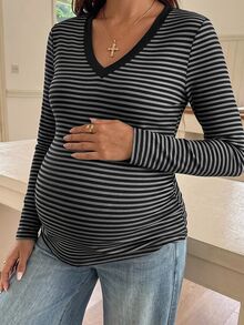 SHEIN Maternity Simple Versatile Striped Colorblock Long Sleeve T-Shirt - Grey - View 2