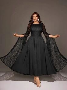 Viva Relle Plus Size Black Lace Cape Sleeve Spliced Chiffon Cinched Waist Long Evening Formal Night Dress Autumn Halloween Goth Elegant - Black - View 6