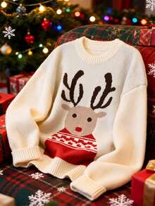 SHEIN Sweater Rajut Leher Bulat Motif Rusa Lucu, Atasan Rajut Kasual Lengan Panjang Warna Krem untuk Liburan - Aprikot - View 1