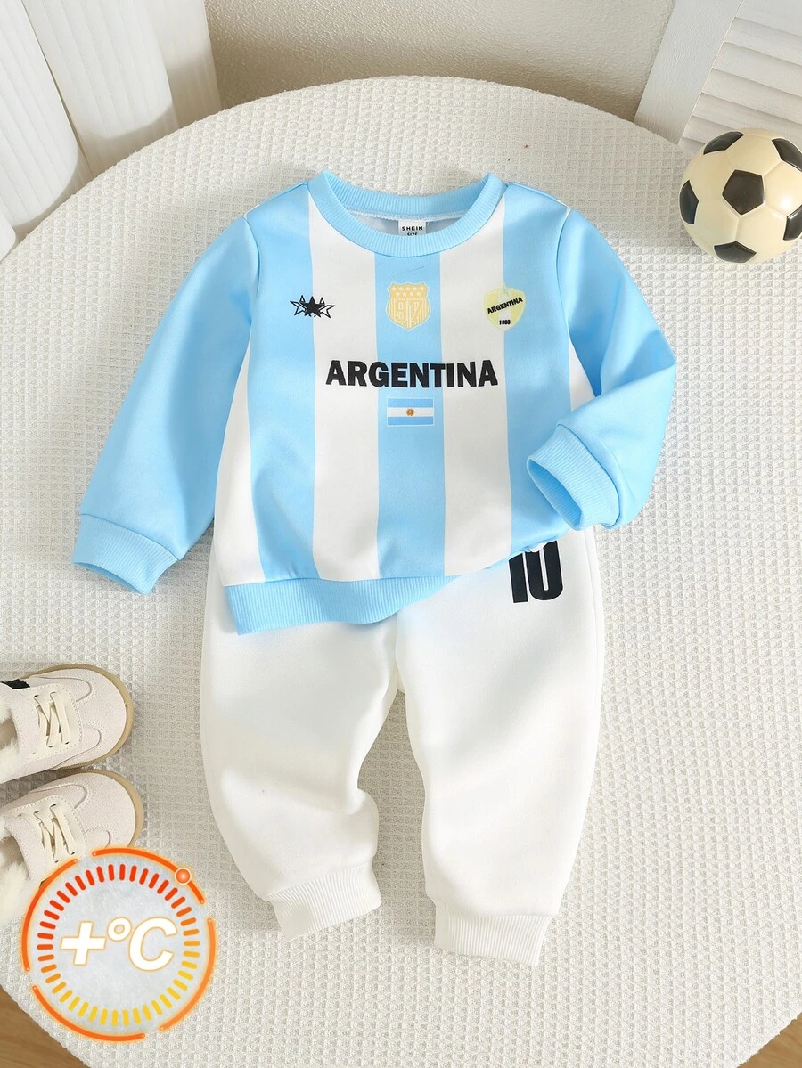 SHEIN 2pcs Baby Boy Letter Pattern Knit Soft Turn Collar Long Sleeve Pullover Sweatshirt Elastic Waist Long Pants Set Baby Boy Tracksuits Suitable For Autumn Winter - Multicolor - View 1