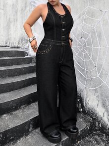 Jeanoix Y2K Plus Size Women's Outdoor Fashion Metal Rivet Button Decor Street Style Blue Black Denim Jumpsuit - Dark Wash - View 3