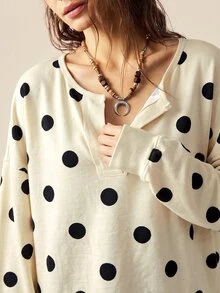 Bohemela 女款波點印花落肩長袖休閒寬鬆衛衣 - 杏色 - 查看 7