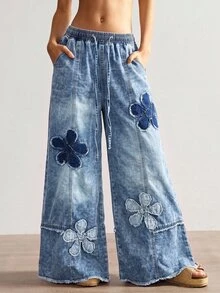 Bohemela Women's Drawstring Waist Floral Print Casual Daily Wear Long Pants - Blue - View 2