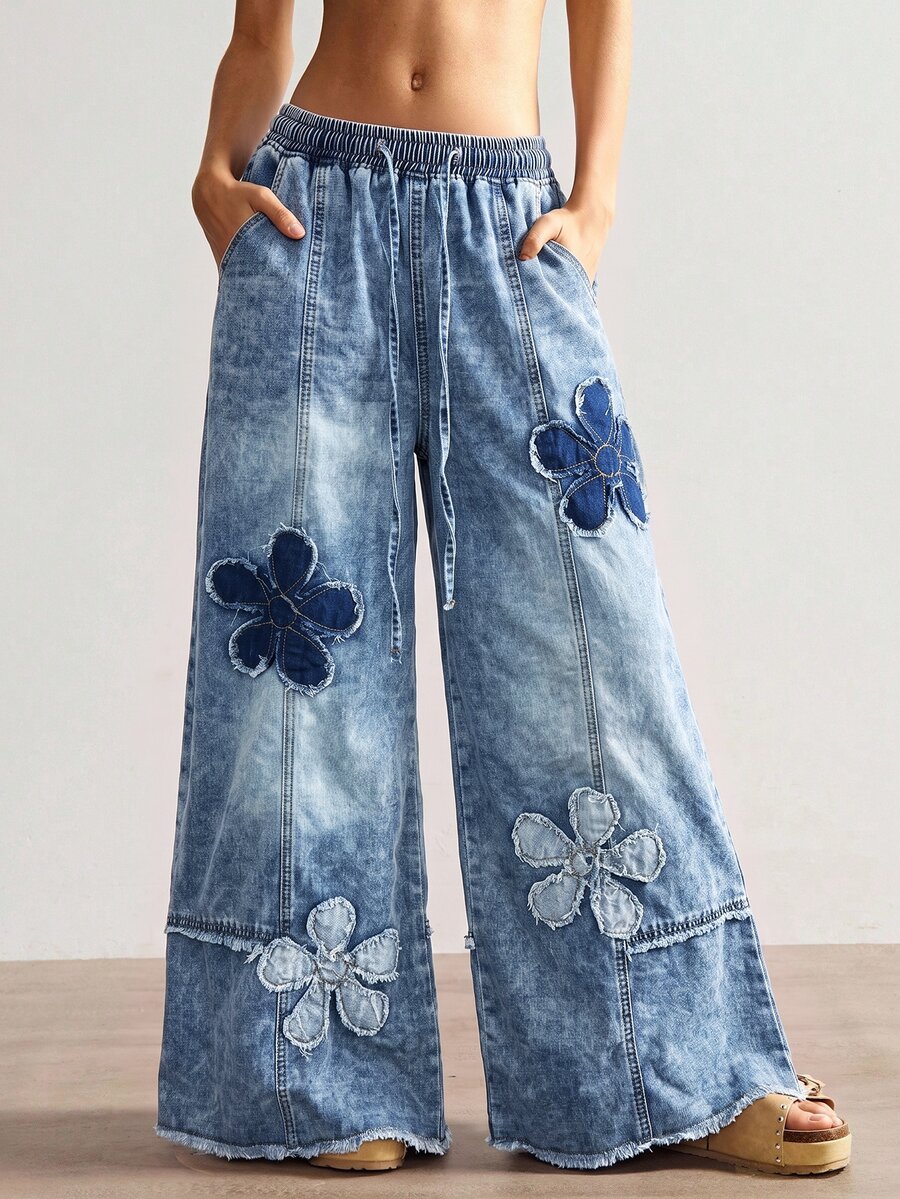Bohemela Women's Drawstring Waist Floral Print Casual Daily Wear Long Pants - Blue - View 1